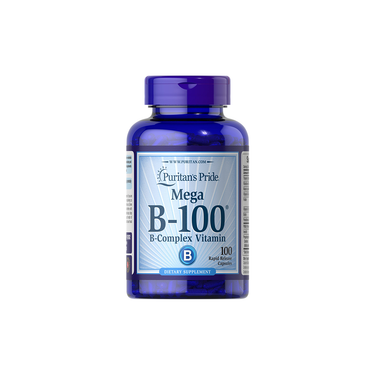 Puritan's Pride Mega B-100 (B-Complex Vitamin) dietary supplement provides a full spectrum of B vitamins to support energy, with 100 rapid release capsules per bottle.